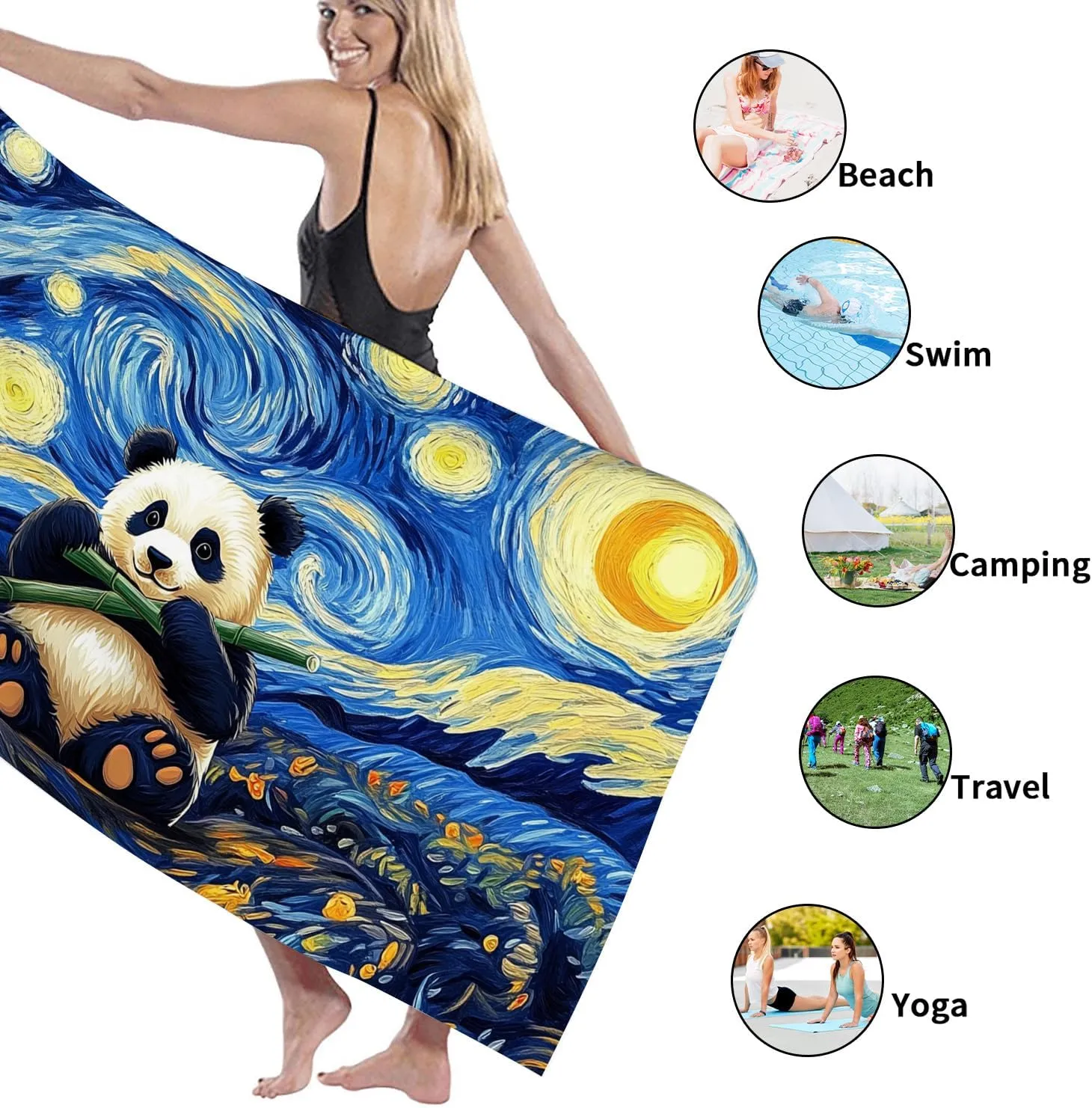 Starry Night Panda Microfiber Beach Towel Colorful Art Soft Sand Free Quick Dry Lightweight Blanket for Travel Camping Pool Picnic Essentials 70x35 Inch