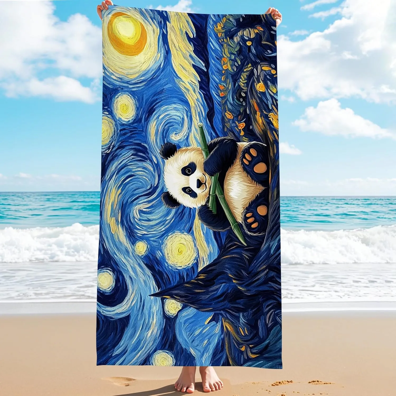 Starry Night Panda Microfiber Beach Towel Colorful Art Soft Sand Free Quick Dry Lightweight Blanket for Travel Camping Pool Picnic Essentials 70x35 Inch