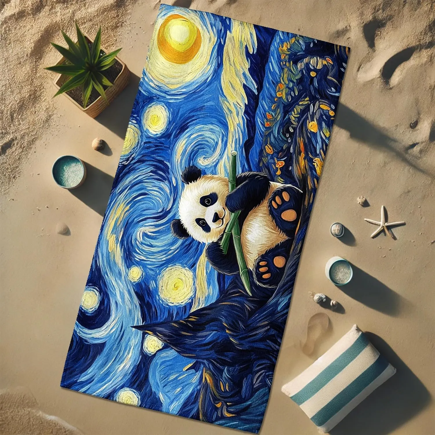 Starry Night Panda Microfiber Beach Towel Colorful Art Soft Sand Free Quick Dry Lightweight Blanket for Travel Camping Pool Picnic Essentials 70x35 Inch