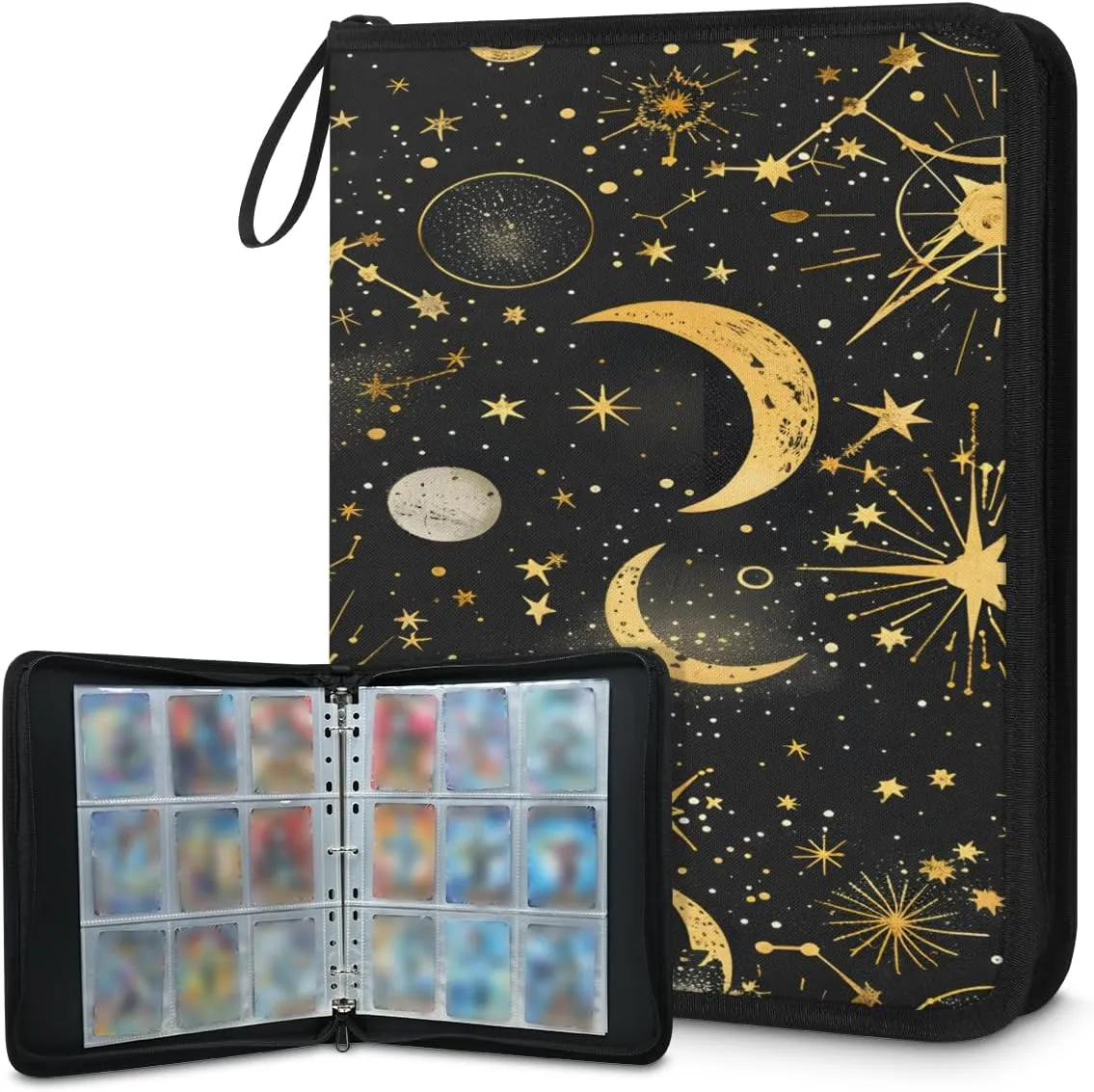 Starry Sky Moon 3 Ring Trading Zipper Binder Strap, Trading Card Binder 4 Pocket, 400 Pockets Card Holder with 50 Removable Sleeves for Game Cards