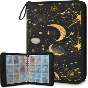 Starry Sky Moon 3 Ring Trading Zipper Binder Strap, Trading Card Binder 4 Pocket, 400 Pockets Card Holder with 50 Removable Sleeves for Game Cards