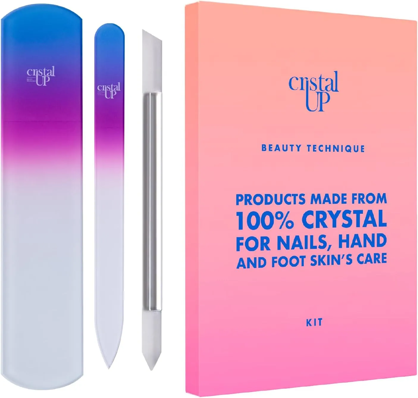 Starter Crystal Nail Set Care - 3PC Includes Glass Foot Scraper, Medium Crystal Nail File, and Cuticle Stick for Natural Nails, Glass Nail File Kit