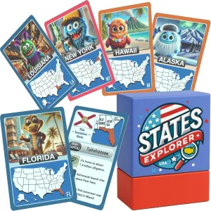 States Explorer – USA State Flashcards for Kids Ages 6  | 50 United States Cards with Fun Facts, Capitals, Maps & Characters | Educational Geography Game | Perfect for Homeschool, Classroom & Travel