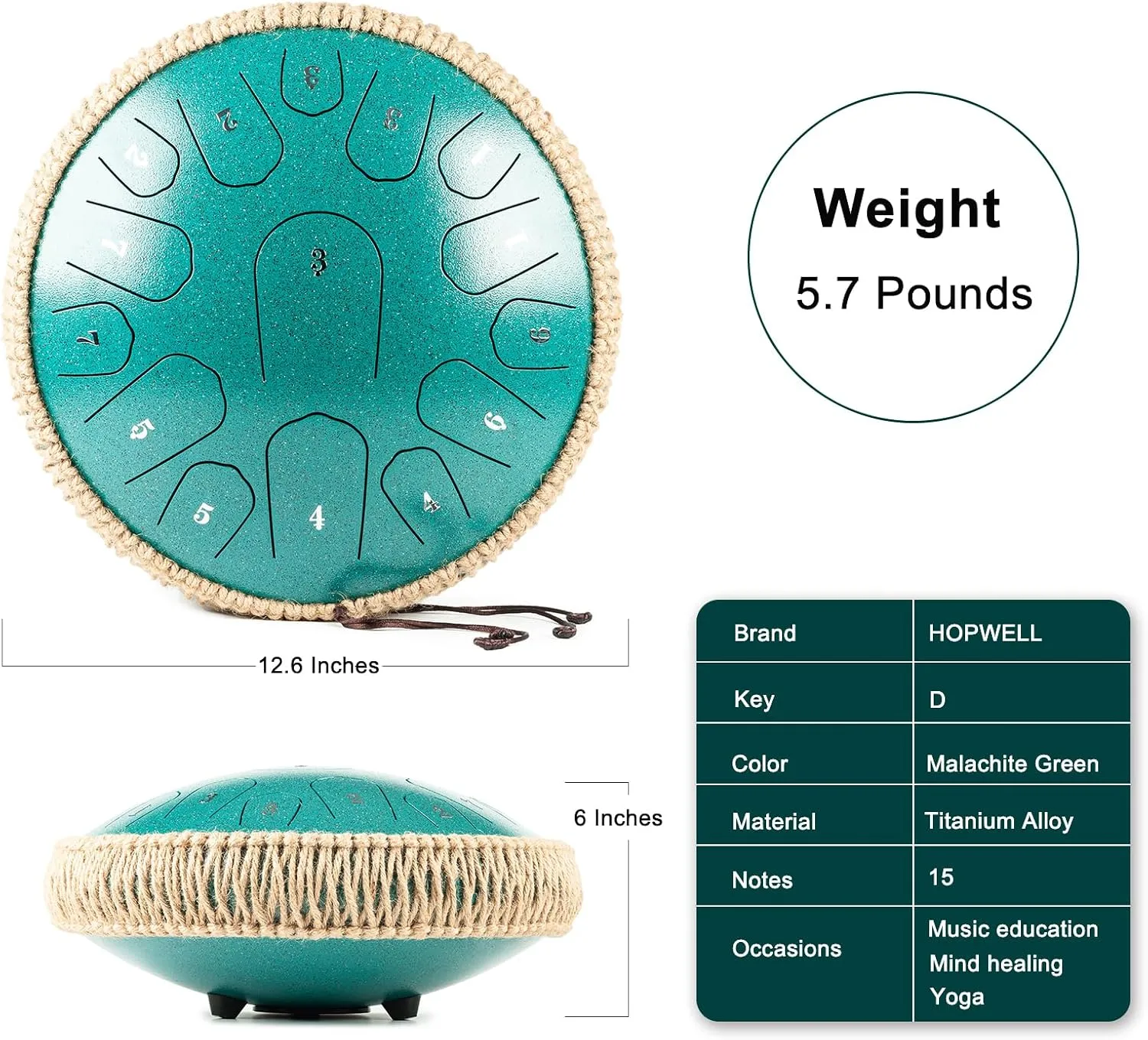 Steel Tongue Drum - 13 Inches 15 Notes Tongue Drum - Hand Pan Drum with Music Book, Handpan Drum Mallets and Carry Bag, D Major (Malachite Green)