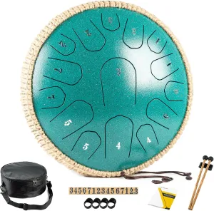 Steel Tongue Drum - 13 Inches 15 Notes Tongue Drum - Hand Pan Drum with Music Book, Handpan Drum Mallets and Carry Bag, D Major (Malachite Green)