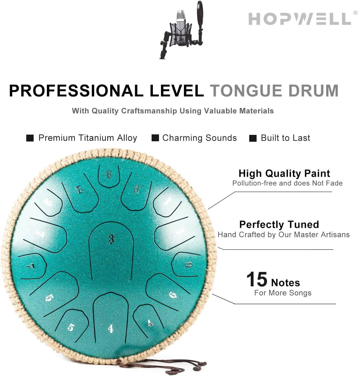 Steel Tongue Drum - 13 Inches 15 Notes Tongue Drum - Hand Pan Drum with Music Book, Handpan Drum Mallets and Carry Bag, D Major (Malachite Green)