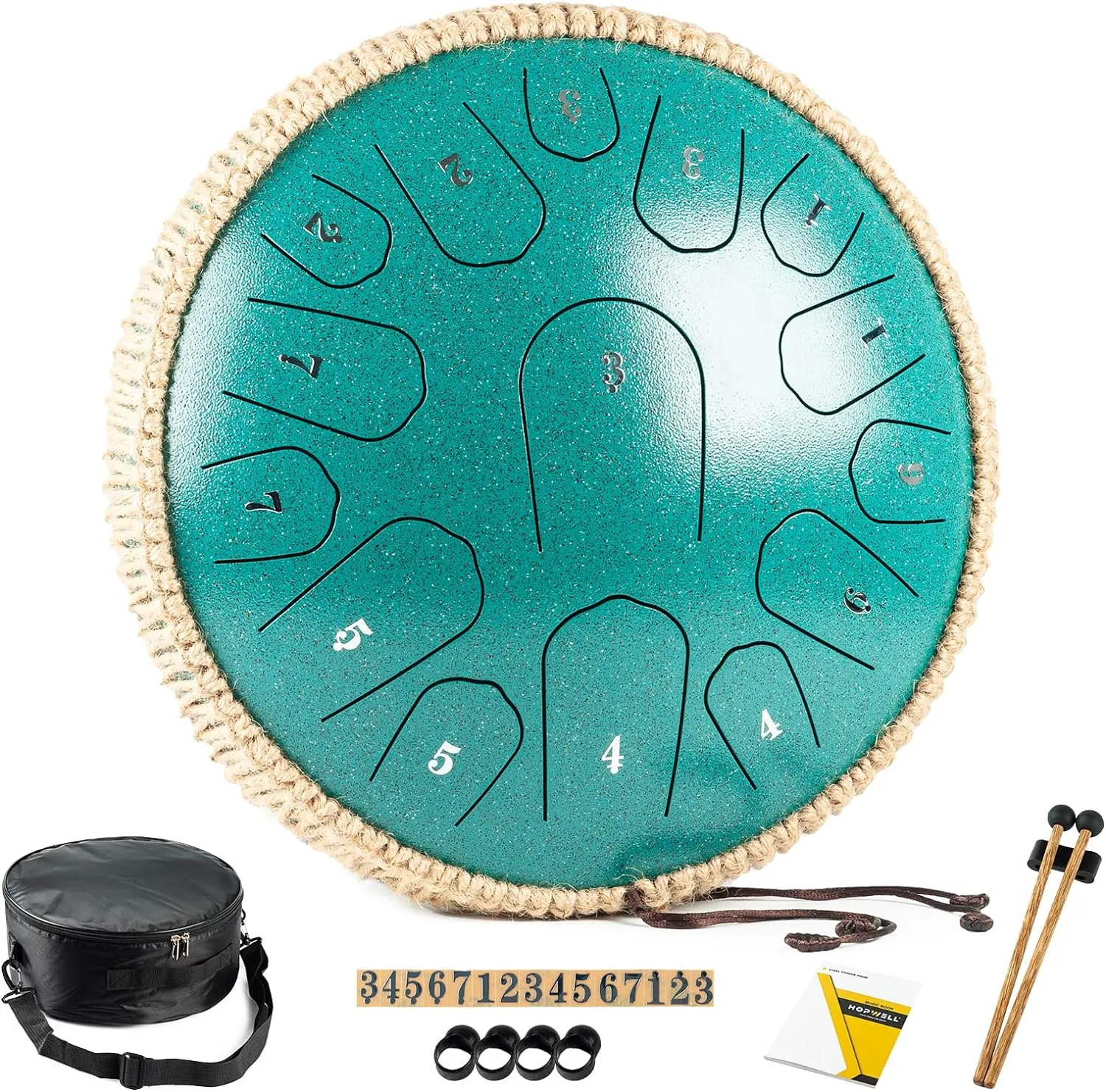 Steel Tongue Drum - 13 Inches 15 Notes Tongue Drum - Hand Pan Drum with Music Book, Handpan Drum Mallets and Carry Bag, D Major (Malachite Green)