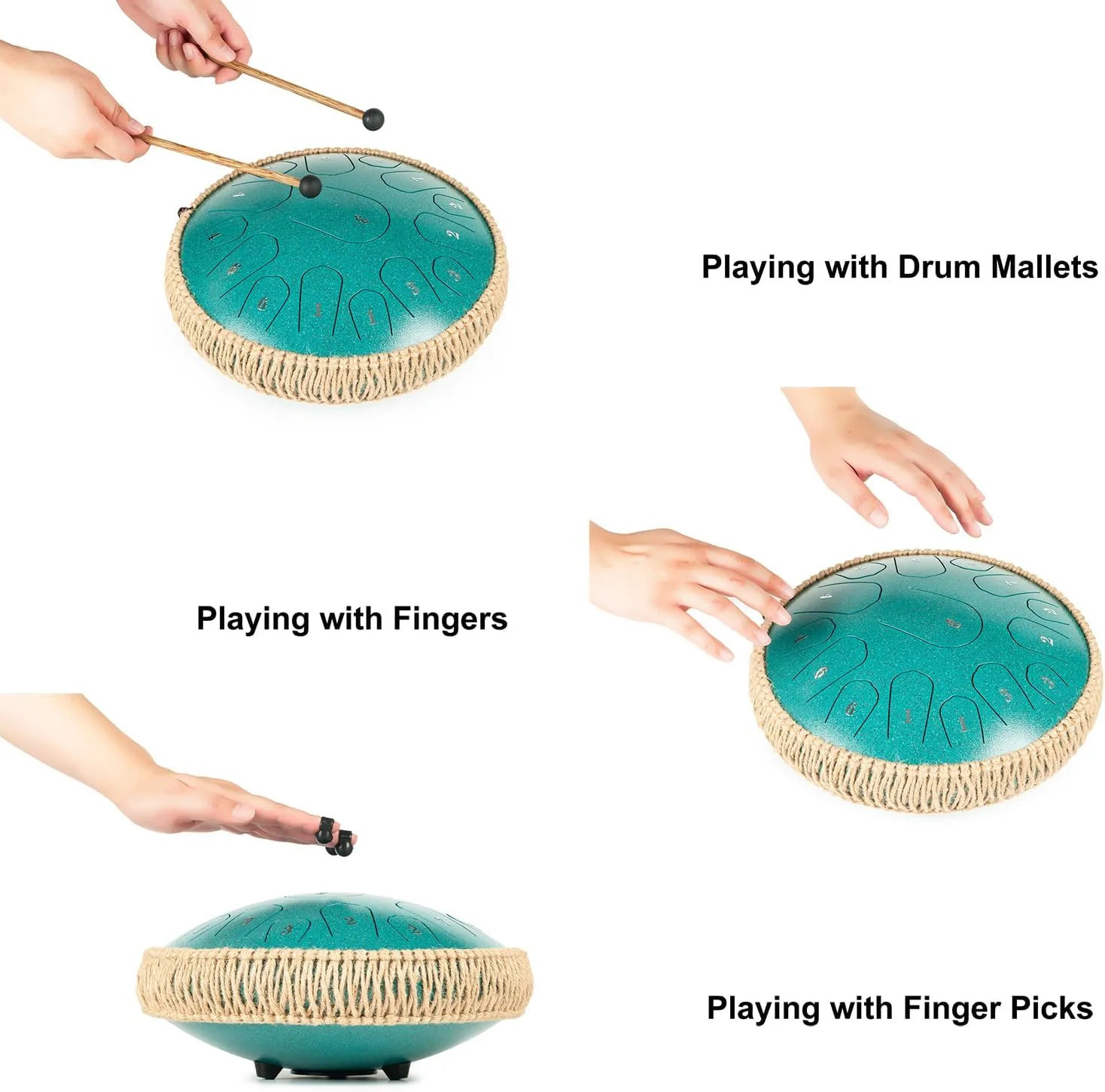 Steel Tongue Drum - 13 Inches 15 Notes Tongue Drum - Hand Pan Drum with Music Book, Handpan Drum Mallets and Carry Bag, D Major (Malachite Green)