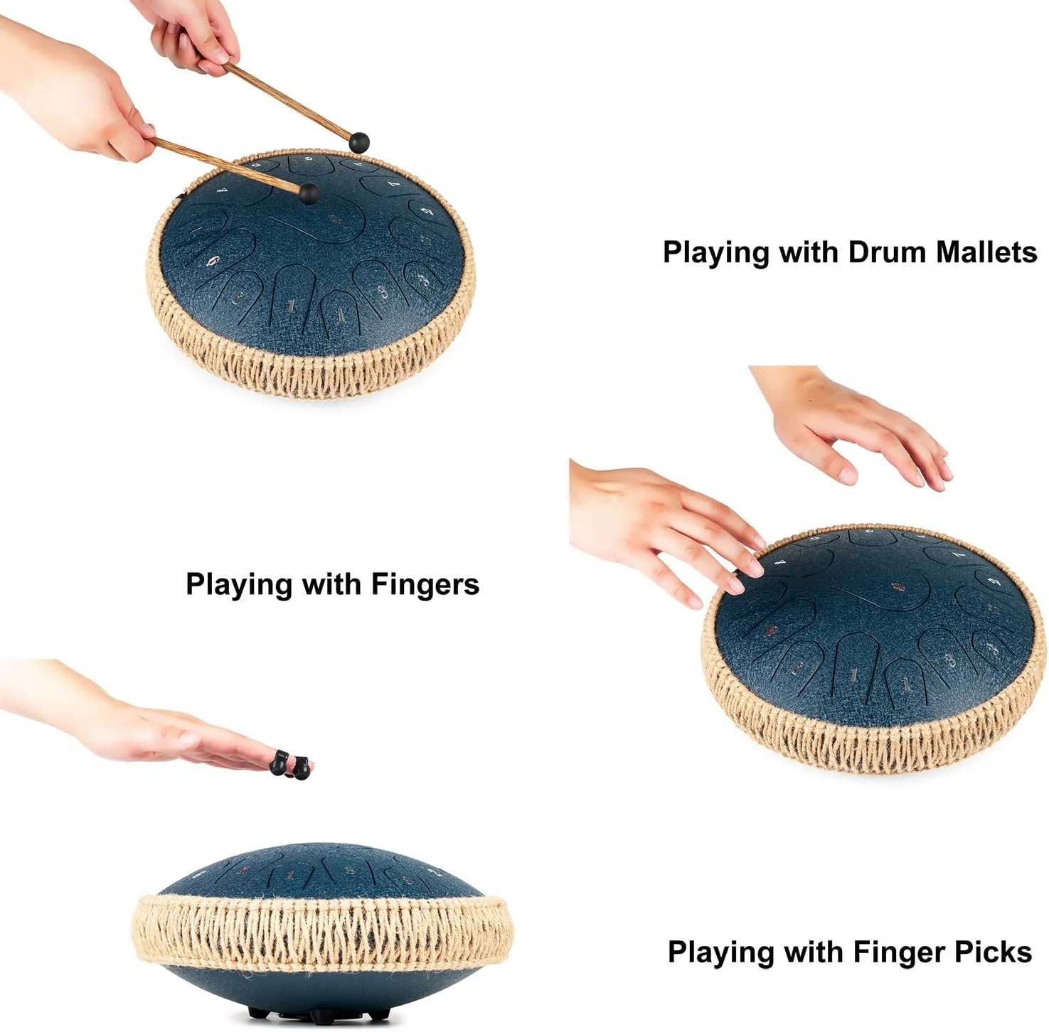 Steel Tongue Drum - 13 Inches 15 Notes Tongue Drum - Hand Pan Drum with Music Book, Handpan Drum Mallets and Carry Bag, D Major (Navy Blue)