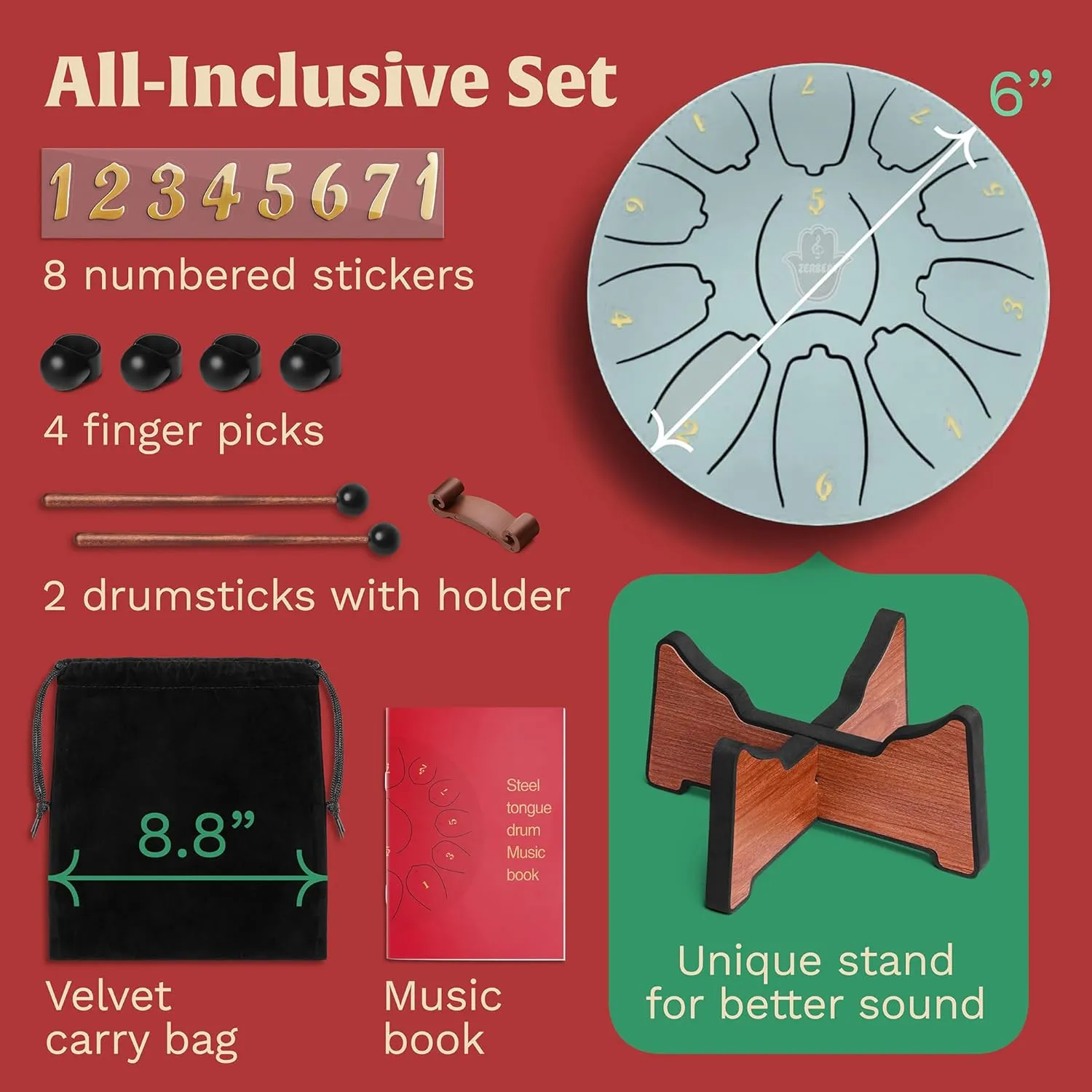 Steel Tongue Drum 6 Inches,11 Notes Steel Drum   Drum Sticks, Finger-Picks, Bag, Beginners Friendly&Adults | Spiritual Musical Instruments. (Silver)