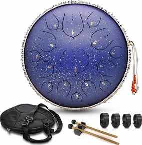 Steel Tongue Drum, 15 Notes 14 inch D-Key Handpan Percussion Instrument - Tank Chakra Drums with Padded Travel Bag, 2 Mallets, for Meditation, Decompression, Music and Gift (Blue)
