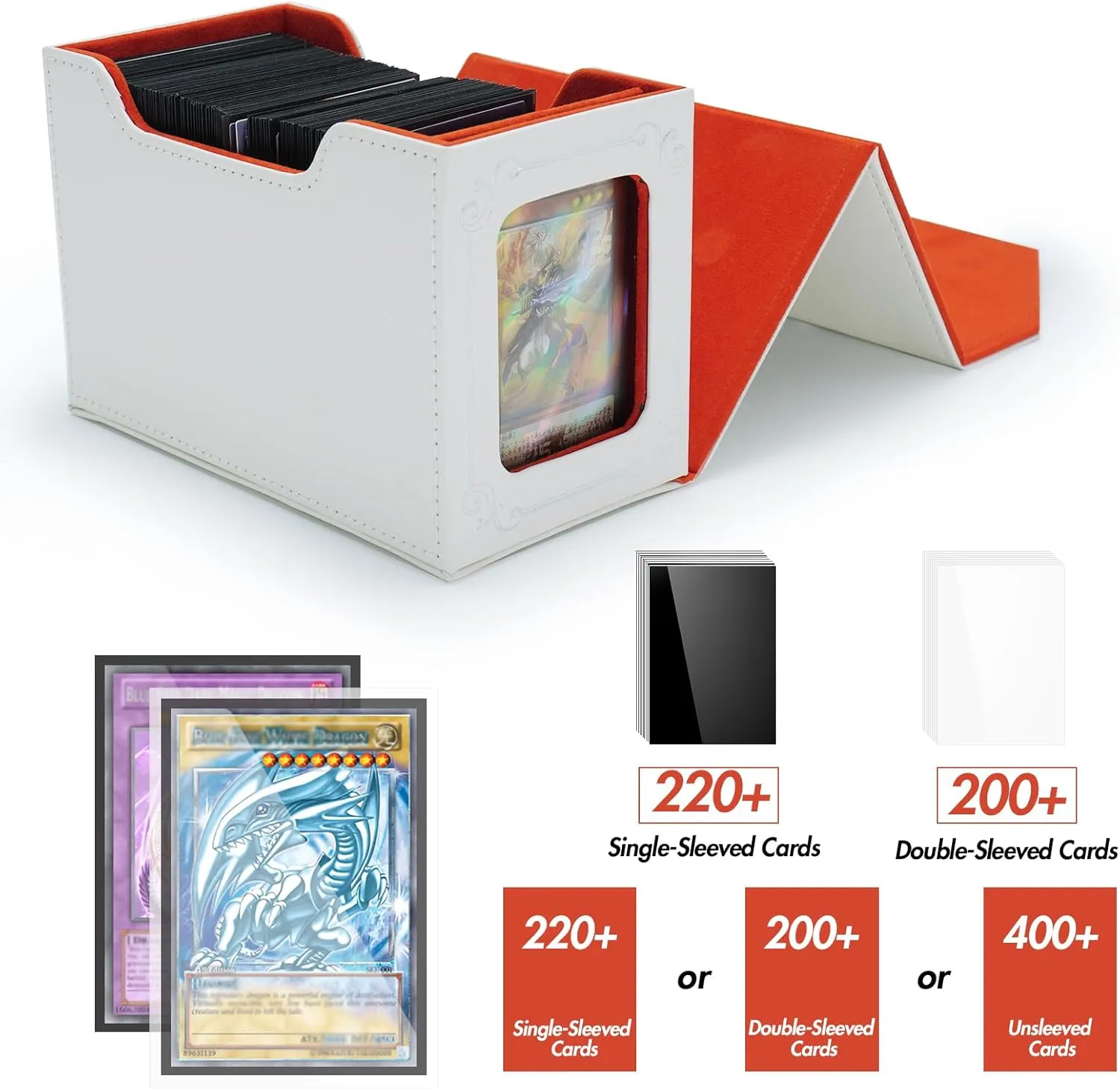 STORY OF WHITE Laser Card Deck Box for YGO MTG Organizer Holds 220  Double Sleeved Card Storage Trading Games Leather Display Windows with magnetic cardholder (White silver)