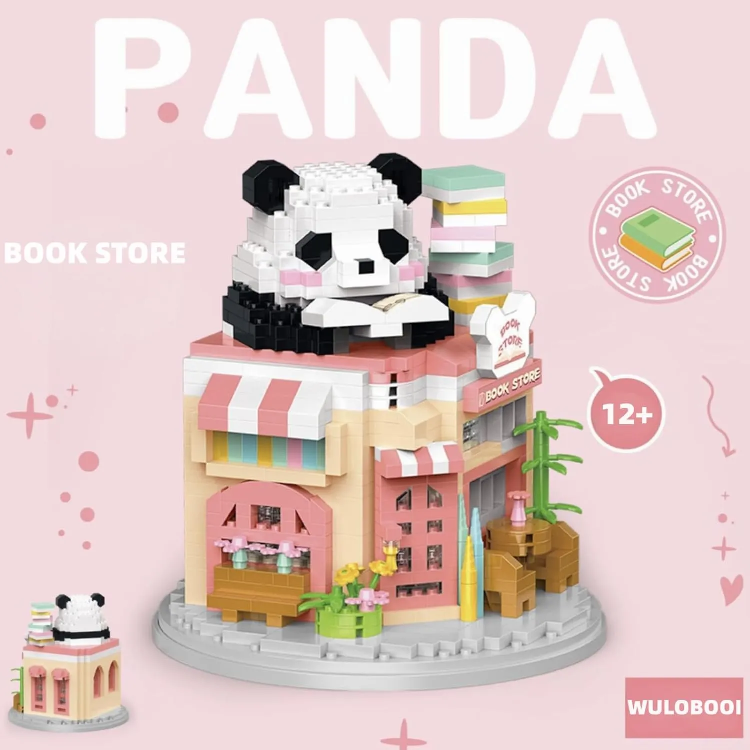 Street View Bookstore Mini Building Blocks,872 Pieces Cute Panda Animal Micro Building Sets,Simulation Architecture Construction Toy,Creative Gifts for Adults Boys Girls 12 