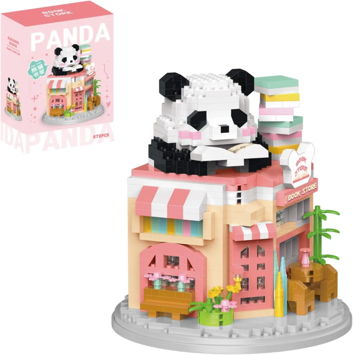 Street View Bookstore Mini Building Blocks,872 Pieces Cute Panda Animal Micro Building Sets,Simulation Architecture Construction Toy,Creative Gifts for Adults Boys Girls 12 