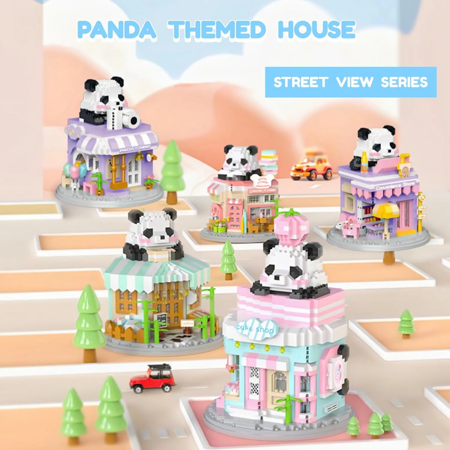 Street View Bookstore Mini Building Blocks,872 Pieces Cute Panda Animal Micro Building Sets,Simulation Architecture Construction Toy,Creative Gifts for Adults Boys Girls 12 