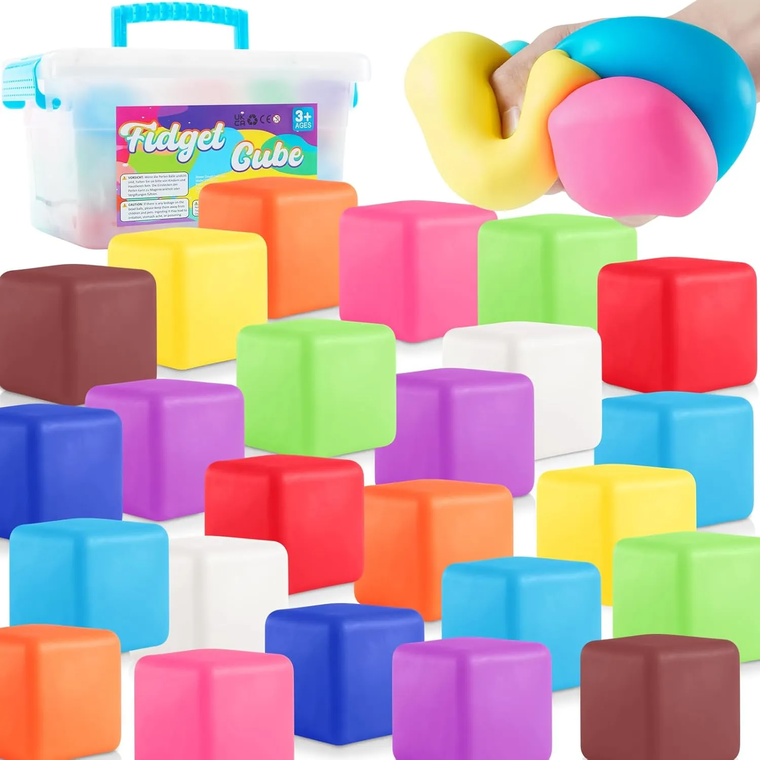 Stress Balls Fidget Toys for Kids: 24 Pack Squishy Squeeze Balls, Stretchy Toys for Anxiety Relief, Square Shape Hand Therapy Sensory Play, Pull Stretch Squishy Toy Prize Box
