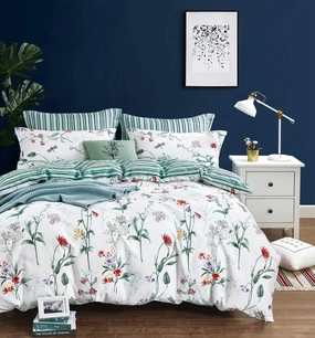 Swanson Beddings Floral and Green Stripes Cotton Reversible Duvet Cover and Pillow Shams Full Size