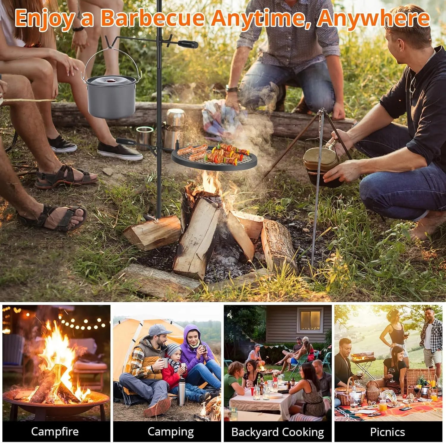 Swivel Campfire Grill With Carrying Bag Heavy Duty Steel Grate Fire Pit Grill Grate Over Fire Pits 360° Adjustable Open Fire Outdoor Cooking Equipment Portable Camp Fire Racks for Camping Outdoor BBQ