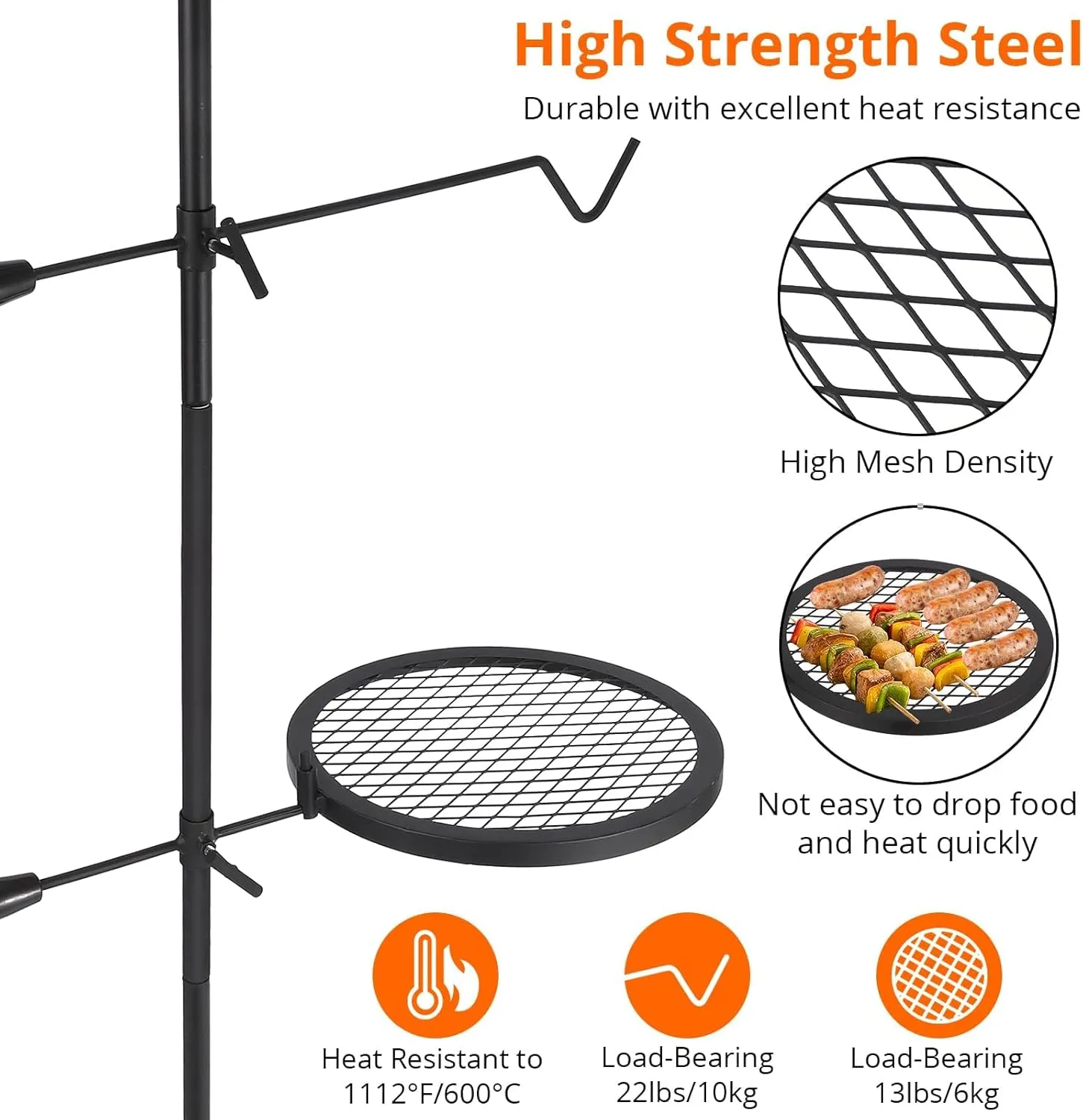 Swivel Campfire Grill With Carrying Bag Heavy Duty Steel Grate Fire Pit Grill Grate Over Fire Pits 360° Adjustable Open Fire Outdoor Cooking Equipment Portable Camp Fire Racks for Camping Outdoor BBQ