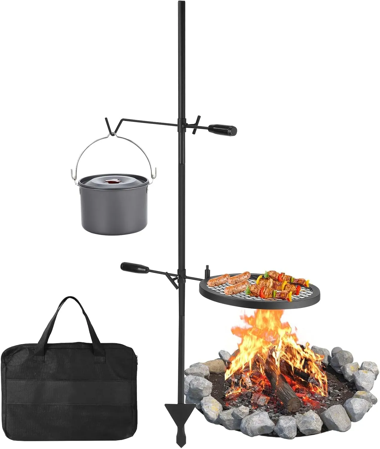 Swivel Campfire Grill With Carrying Bag Heavy Duty Steel Grate Fire Pit Grill Grate Over Fire Pits 360° Adjustable Open Fire Outdoor Cooking Equipment Portable Camp Fire Racks for Camping Outdoor BBQ