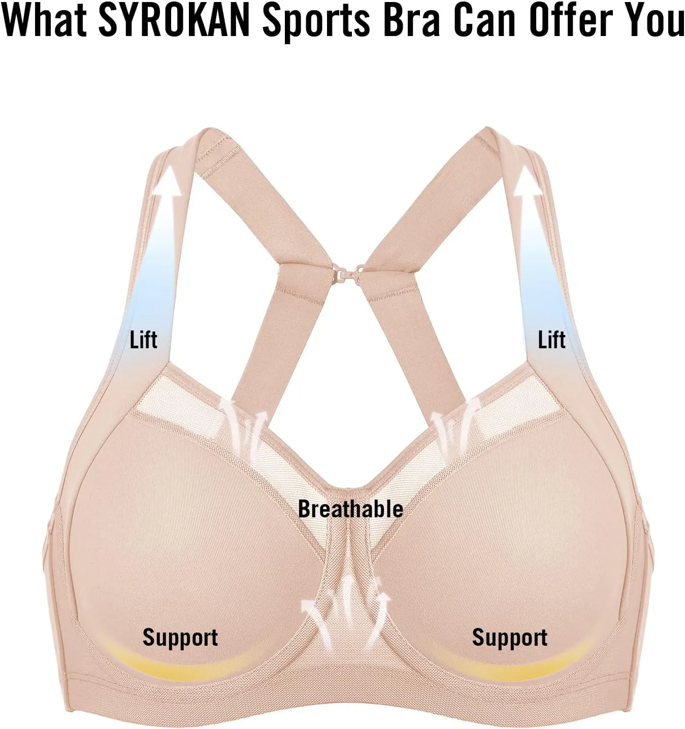 SYROKAN High Impact Sports Bras for Women High Support No Uniboob Underwire Adjustable Cross Back Bra