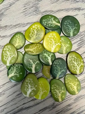 Tagua Nut Beads Laser Engraved Tree Shape 15 Tagua Slices Mix of Green 3.5x3.5 cm. Approx. Eco Sustainable Jewerly Making Woodwork Carving