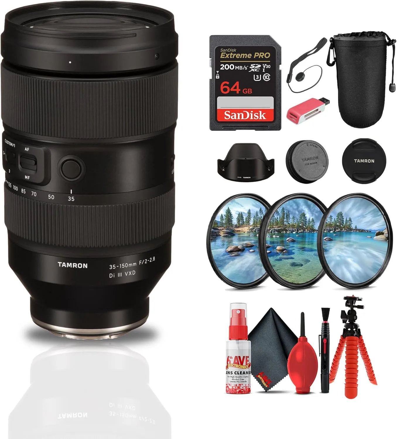 Tamron 35-150mm f/2-2.8 Di III VXD Lens (Nikon Z)   Protective Lens Pouch   Extreme PRO 64GB Card   Card Reader   3 Piece Filter Kit   12 Inch Flex Tripod   Lens Cap