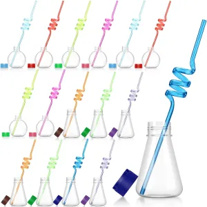 Tanlade 32 Pieces Science Party Theme Cups Set with Silly Loop Straws, Plastic Reusable Conical Flask Round Bottom Flask Shape Bottles and Funny Colorful Drinking Straws for Science Party Decorations