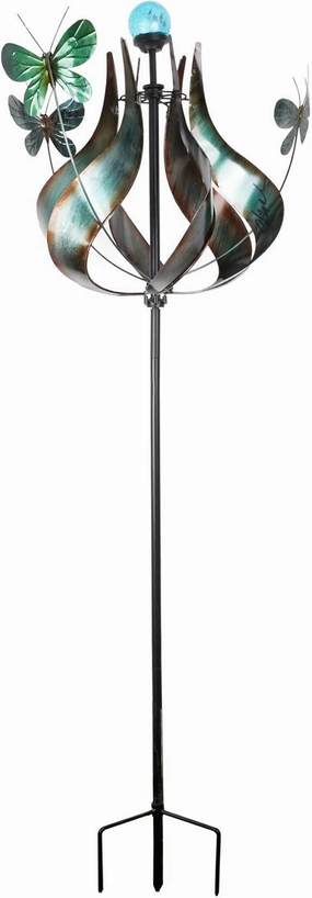 Teamson Home Solar Powered Tulip Butterfly Kinetic Metal Windmill Wind Spinner with LED Light for Outdoor Patio Garden Backyard Decking Décor, 73 inch Height, Teal
