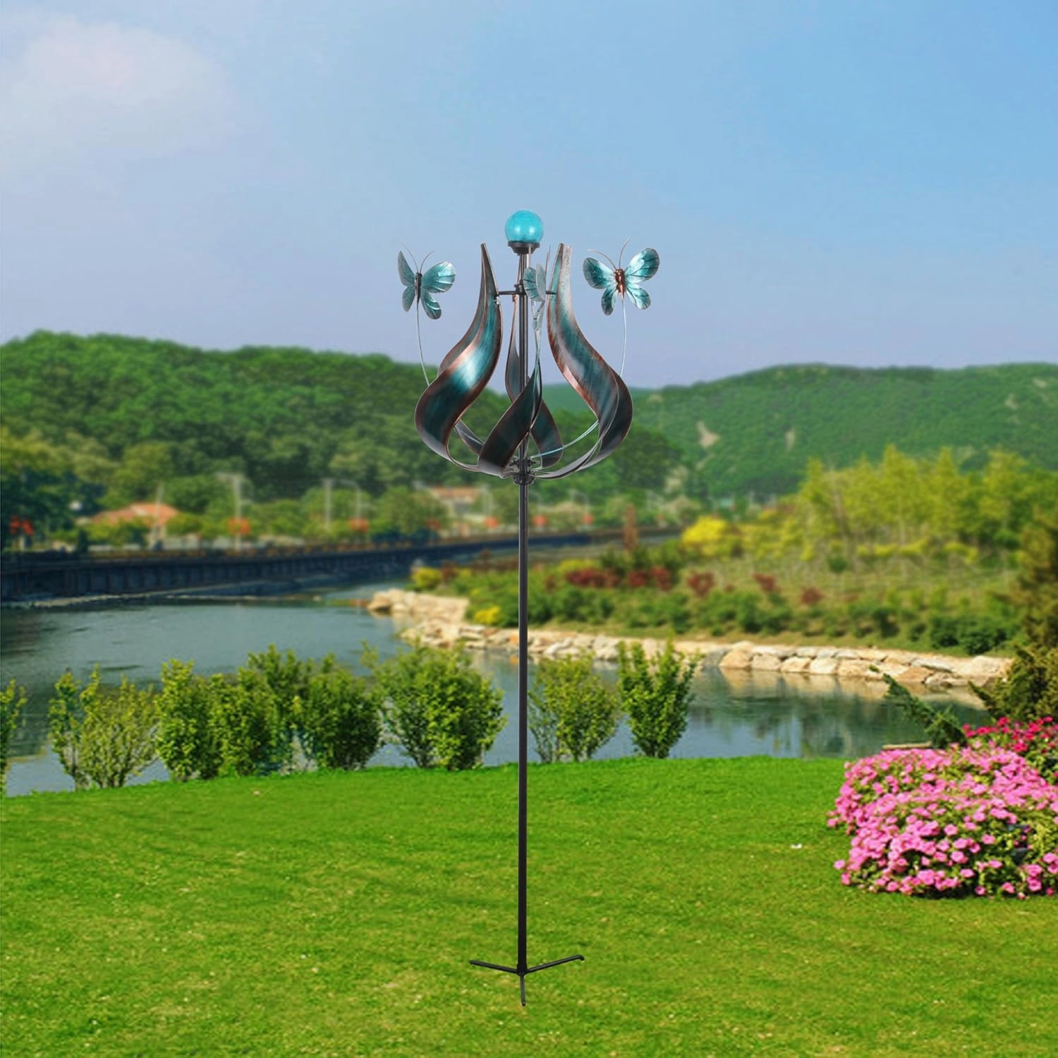 Teamson Home Solar Powered Tulip Butterfly Kinetic Metal Windmill Wind Spinner with LED Light for Outdoor Patio Garden Backyard Decking Décor, 73 inch Height, Teal