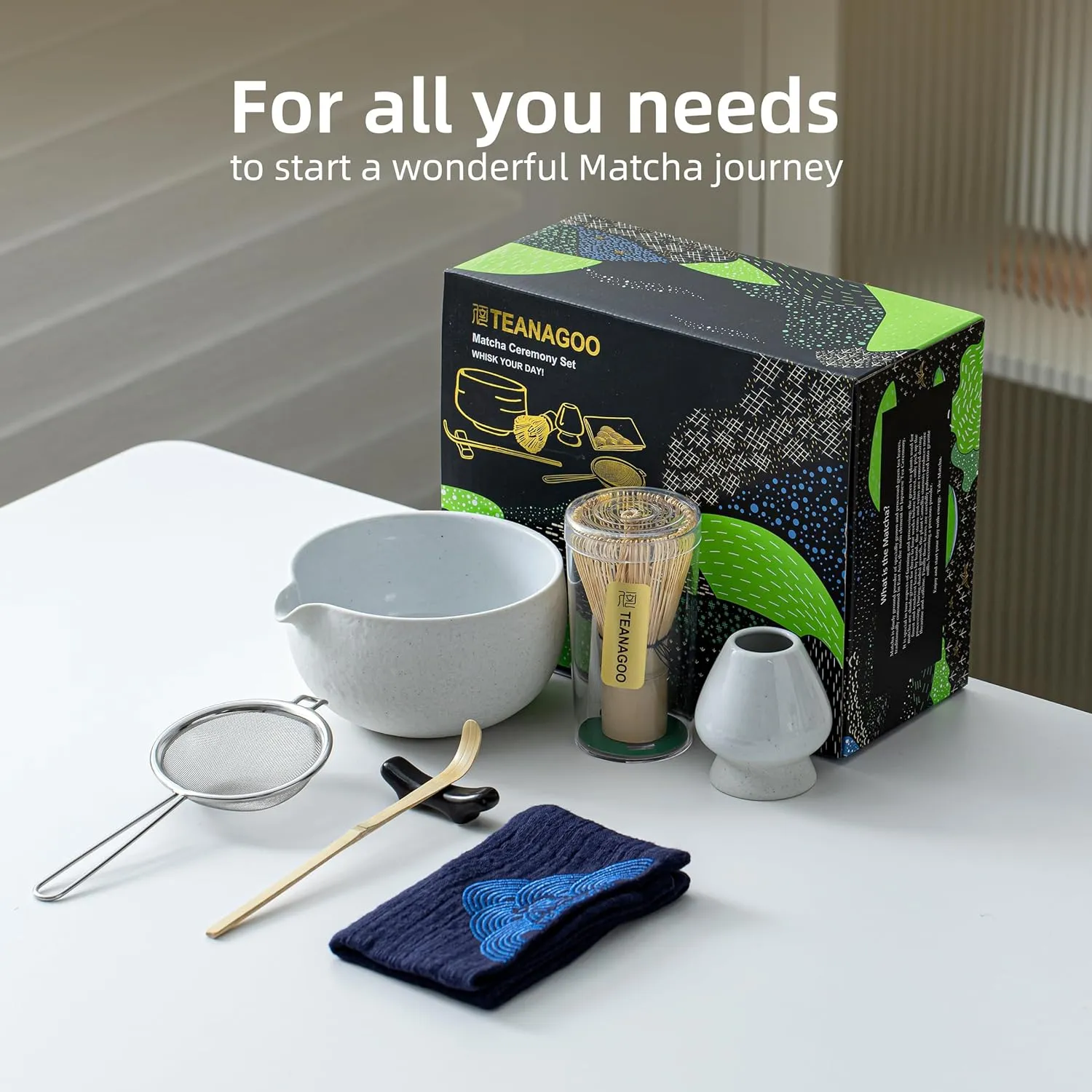 TEANAGOO Matcha Whisk Set,7 Pcs Matcha Set Lt.Grey,Matcha Kit for Ceremony,Matcha Tea Set for Making Breakfast/Latte,Matcha Whisk Set and Bowl with All Accessories,Gift for Matcha Lover/Friend/Family
