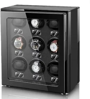 Technology Automatic Watch Winder with Quiet Motor Flexible Watch Pillows for 2 3 4 6 9 Watches Luxury Mechanical Watch Storage Case with Led Lights Watch Box Organizer,Black-9 0