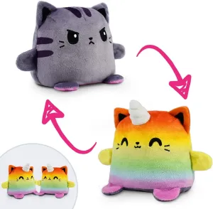 TeeTurtle | Plushmates | Cat   Kittencorn | Rainbow   Gray | Happy   Angry | The Reversible Plush That Hold Hands! 5 inch