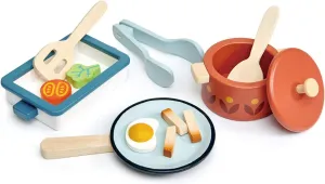 Tender Leaf Toys - Pots and Pans - 13 Pcs Wooden Pretend Cooking Playset, Play Kitchen Cookware Accessories Set for Kids - Age 3 