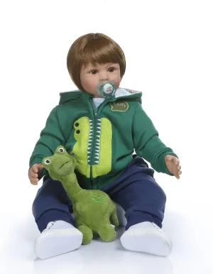 TERABITHIA 24 inch 60cm So Truly Big Real Baby Size 6-9Month Short Hair Silicone Reborn Toddler Dolls in Hoodie Dress Real Green Dino Soft Stuffed Body Newborn Boy Doll