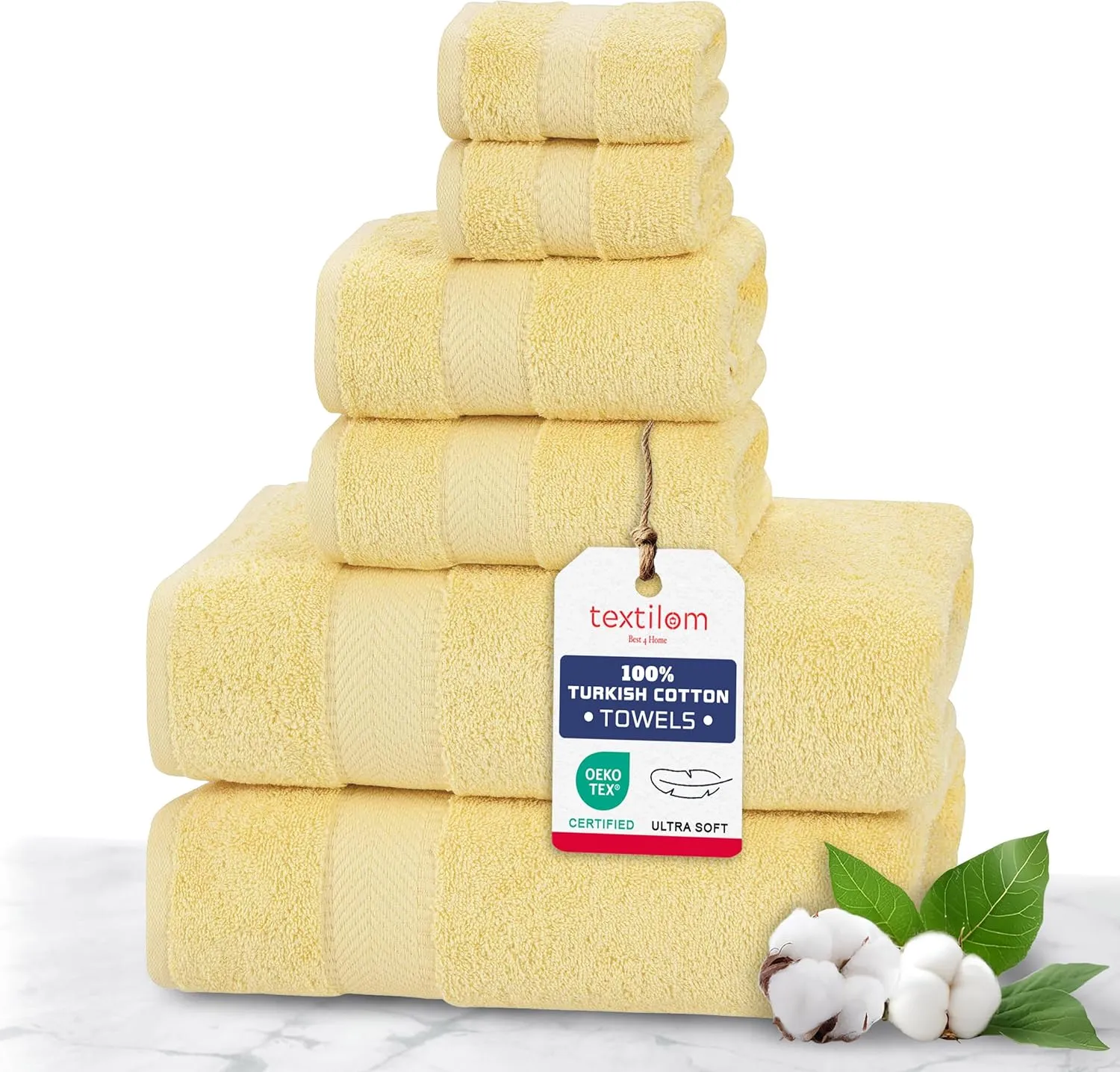 TEXTILOM 100% Turkish Cotton 6 Pcs Bath Towel Set, Luxury Bath Towels for Bathroom, Soft & Absorbent Bathroom Towels Set (2 Bathtowels, 2 Hand Towels, 2 Washcloths)- Yellow