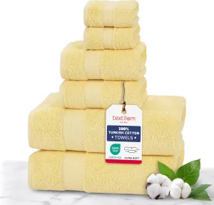 TEXTILOM 100% Turkish Cotton 6 Pcs Bath Towel Set, Luxury Bath Towels for Bathroom, Soft & Absorbent Bathroom Towels Set (2 Bathtowels, 2 Hand Towels, 2 Washcloths)- Yellow