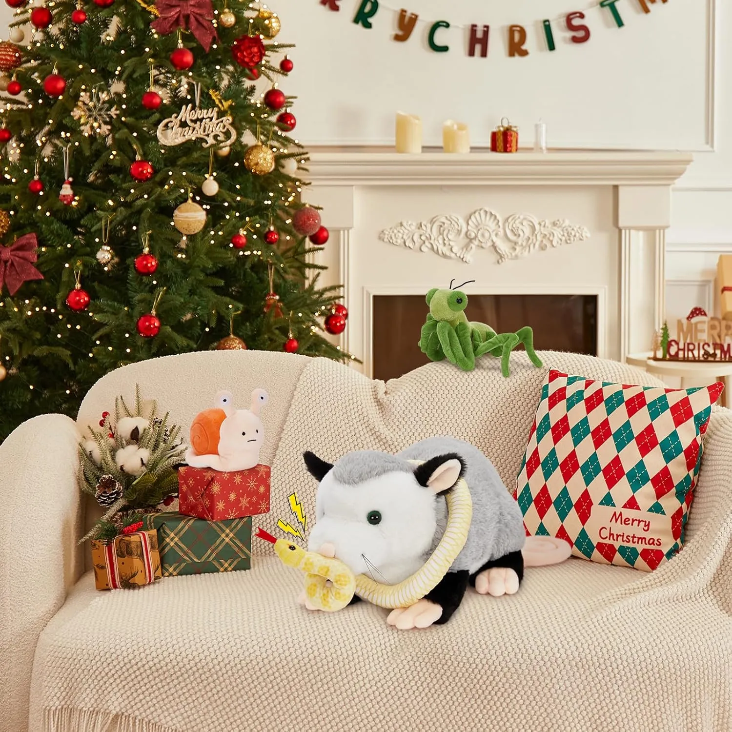 Tezituor 23'' Opossum Stuffed Animal Set, Realistic Possum Plush with Stuffed Snail Mantis Snake Toy, Soft Magnetic Opossum Pillow for Girls Boys