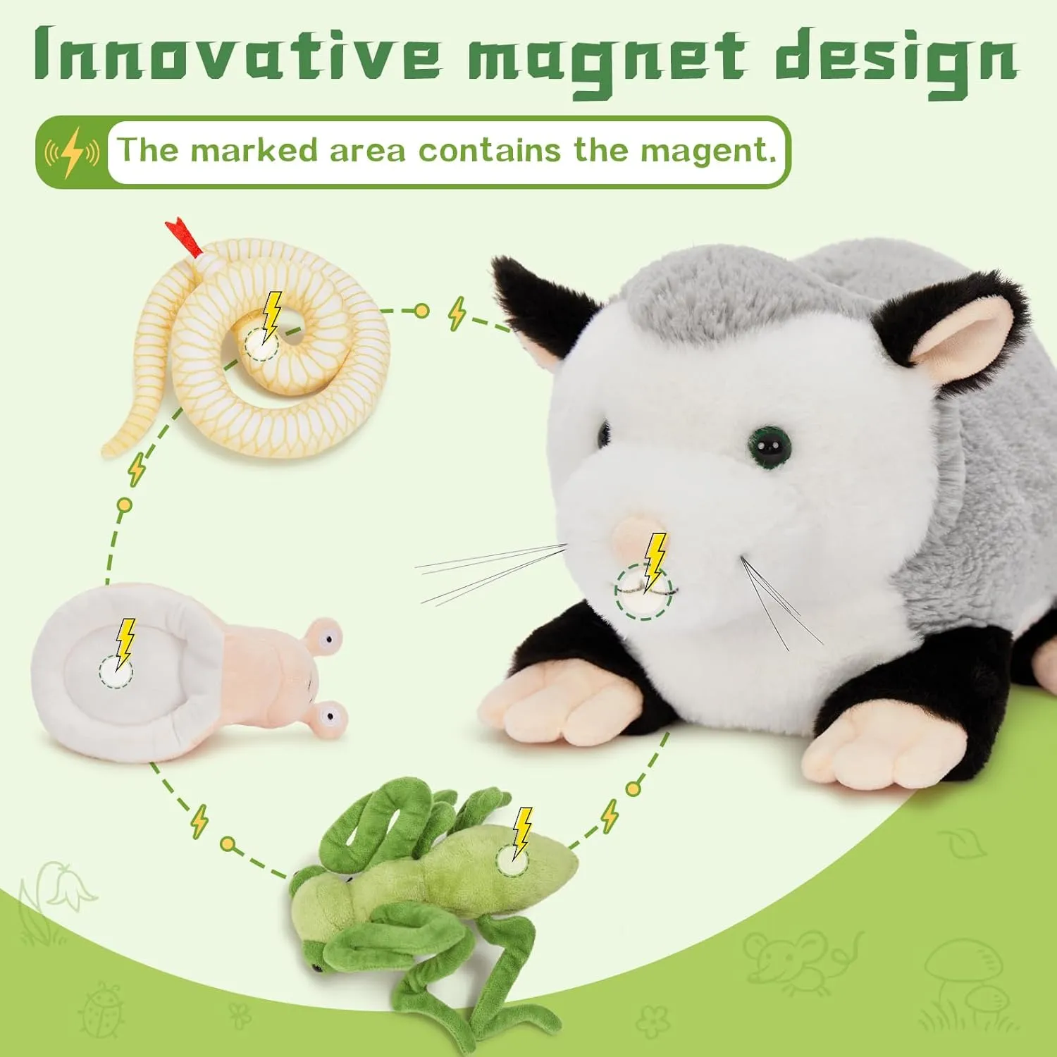 Tezituor 23'' Opossum Stuffed Animal Set, Realistic Possum Plush with Stuffed Snail Mantis Snake Toy, Soft Magnetic Opossum Pillow for Girls Boys