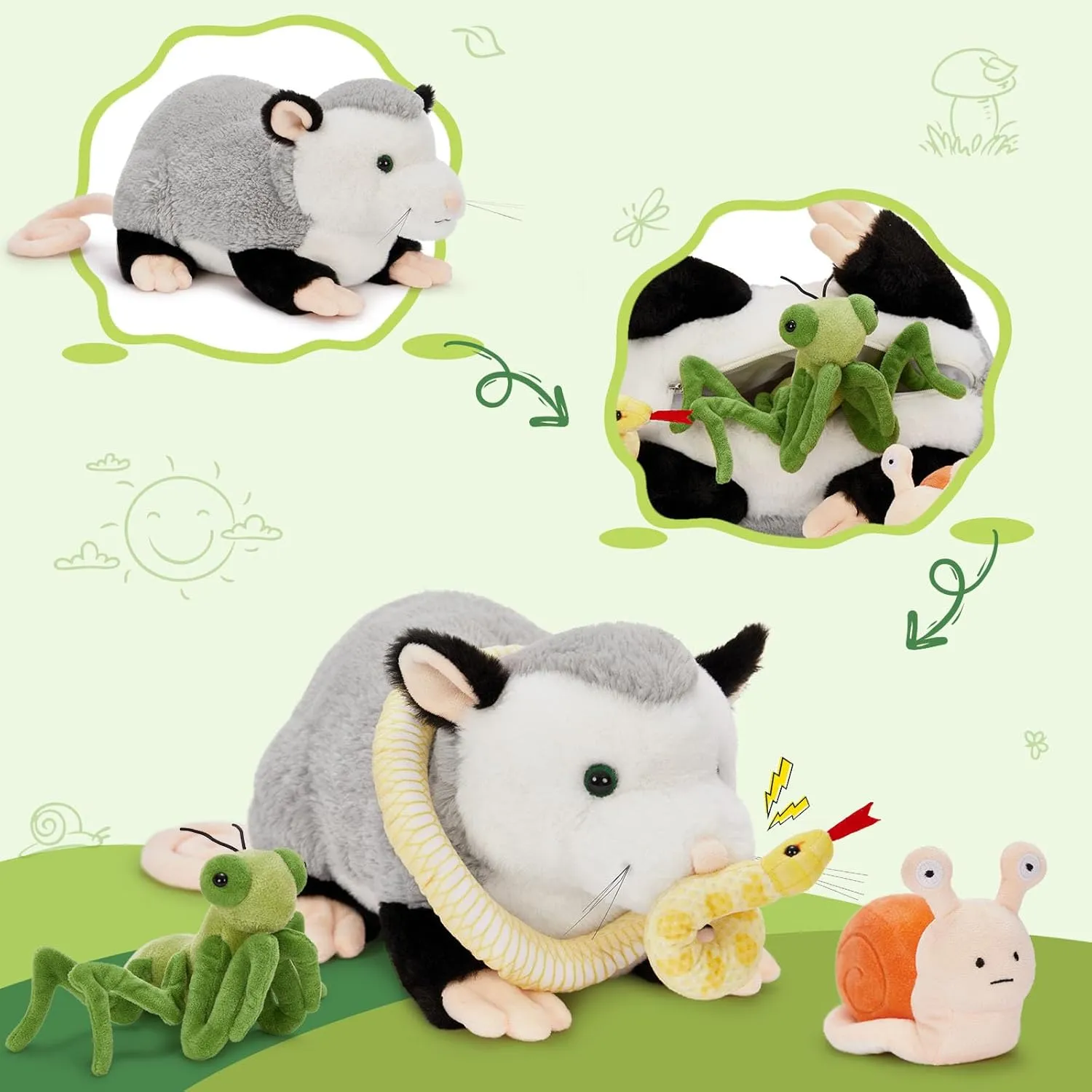 Tezituor 23'' Opossum Stuffed Animal Set, Realistic Possum Plush with Stuffed Snail Mantis Snake Toy, Soft Magnetic Opossum Pillow for Girls Boys