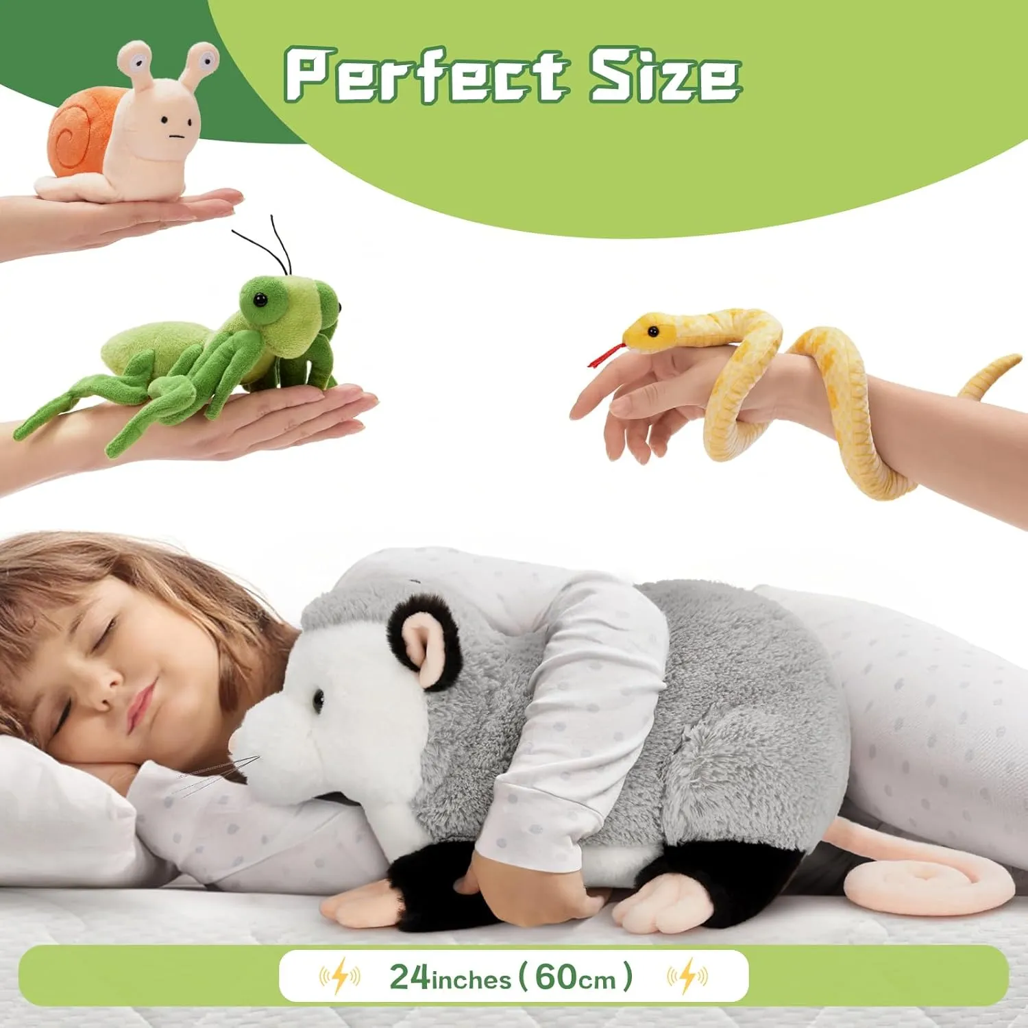 Tezituor 23'' Opossum Stuffed Animal Set, Realistic Possum Plush with Stuffed Snail Mantis Snake Toy, Soft Magnetic Opossum Pillow for Girls Boys