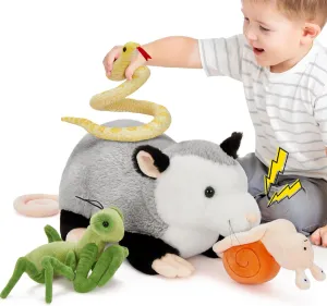 Tezituor 23'' Opossum Stuffed Animal Set, Realistic Possum Plush with Stuffed Snail Mantis Snake Toy, Soft Magnetic Opossum Pillow for Girls Boys