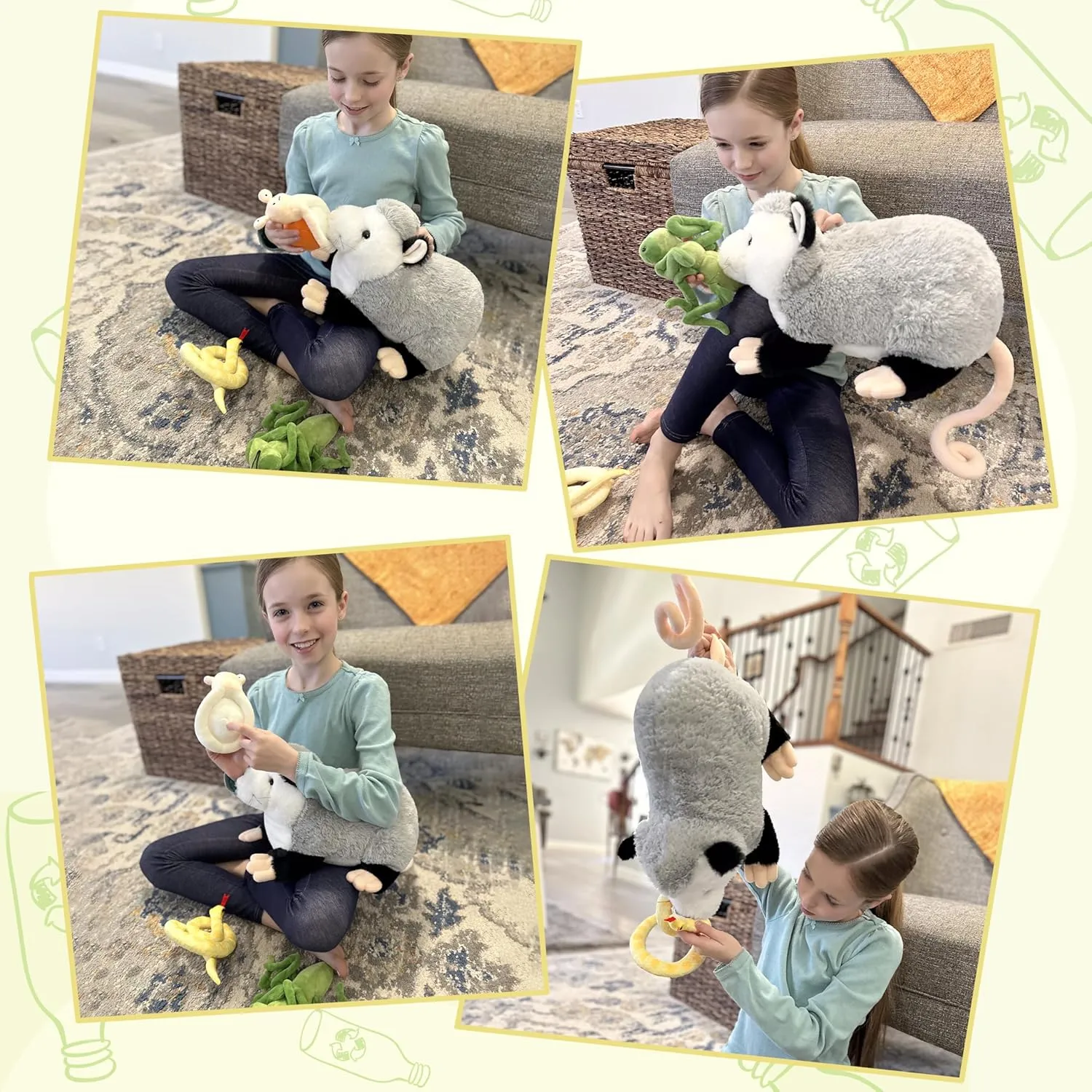 Tezituor 23'' Opossum Stuffed Animal Set, Realistic Possum Plush with Stuffed Snail Mantis Snake Toy, Soft Magnetic Opossum Pillow for Girls Boys