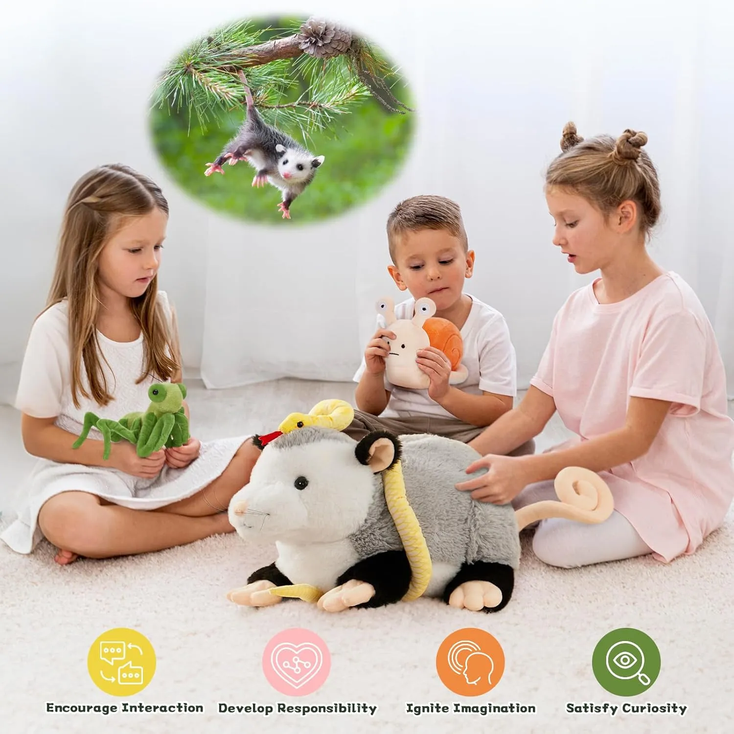 Tezituor 23'' Opossum Stuffed Animal Set, Realistic Possum Plush with Stuffed Snail Mantis Snake Toy, Soft Magnetic Opossum Pillow for Girls Boys