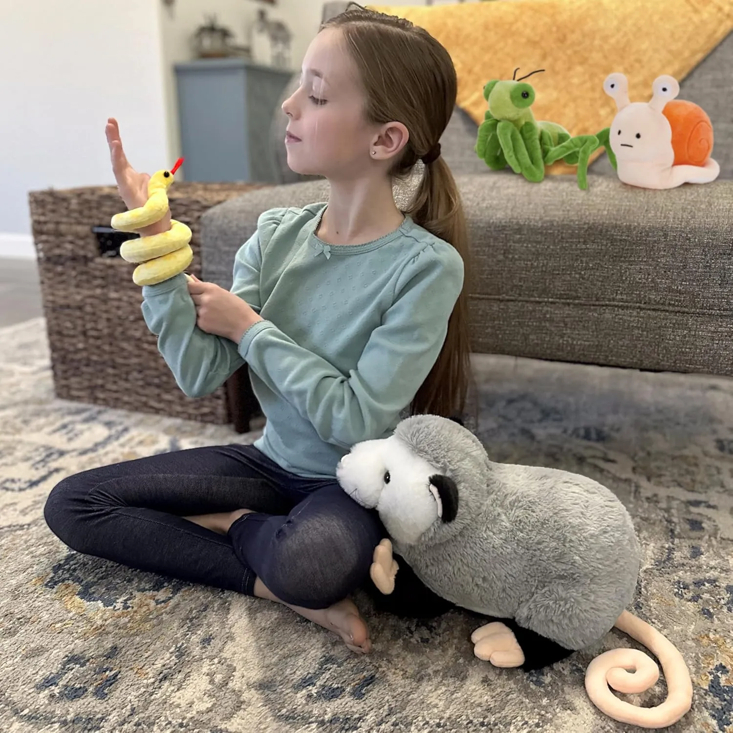 Tezituor 23'' Opossum Stuffed Animal Set, Realistic Possum Plush with Stuffed Snail Mantis Snake Toy, Soft Magnetic Opossum Pillow for Girls Boys
