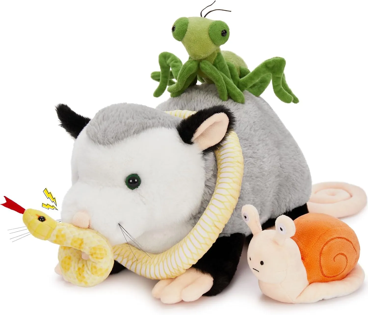 Tezituor 23'' Opossum Stuffed Animal Set, Realistic Possum Plush with Stuffed Snail Mantis Snake Toy, Soft Magnetic Opossum Pillow for Girls Boys