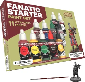 The Army Painter Warpaints Fanatic: Starter Set Combo, 11 paints: 7 acrylic colours, 2 Metallics, 1 Wash, 1 Brush-On Primer, 1 Basecoating Brush, Plus 1 Free Miniature figure and Starter Brush