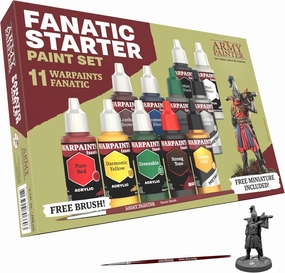 The Army Painter Warpaints Fanatic: Starter Set Combo, 11 paints: 7 acrylic colours, 2 Metallics, 1 Wash, 1 Brush-On Primer, 1 Basecoating Brush, Plus 1 Free Miniature figure and Starter Brush