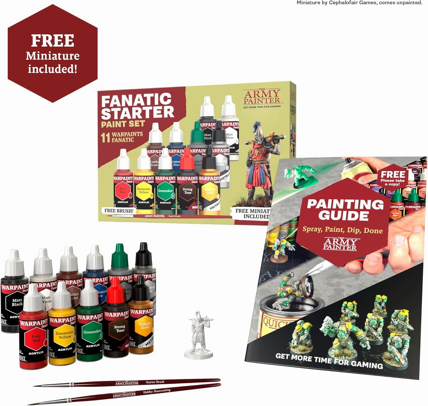 The Army Painter Warpaints Fanatic: Starter Set Combo, 11 paints: 7 acrylic colours, 2 Metallics, 1 Wash, 1 Brush-On Primer, 1 Basecoating Brush, Plus 1 Free Miniature figure and Starter Brush