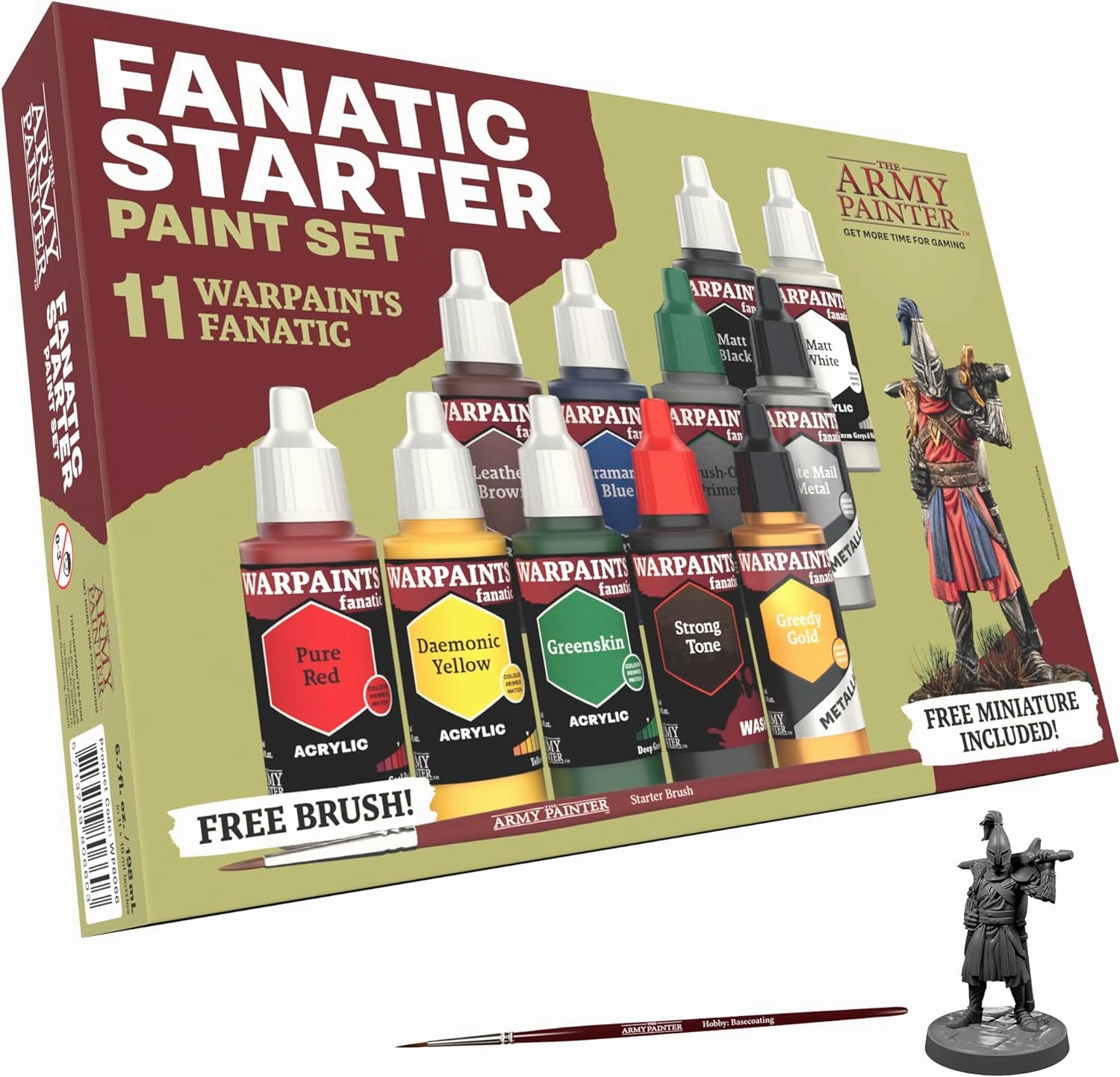The Army Painter Warpaints Fanatic: Starter Set Combo, 11 paints: 7 acrylic colours, 2 Metallics, 1 Wash, 1 Brush-On Primer, 1 Basecoating Brush, Plus 1 Free Miniature figure and Starter Brush